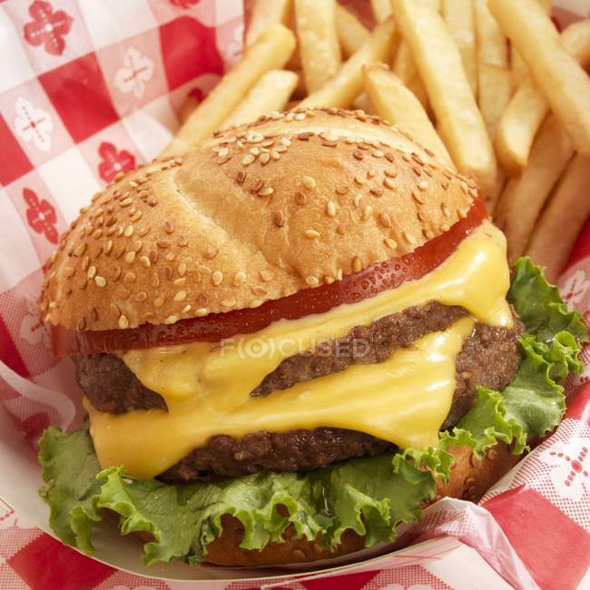 Cheeseburger with potato fries — Stock Photo