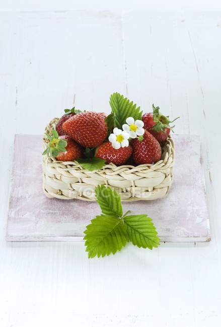 Strawberries with leaves and flowers — Stock Photo