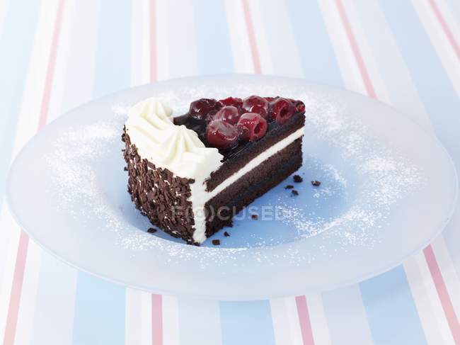 Closeup view of Black Forest gateau piece on plate — Stock Photo