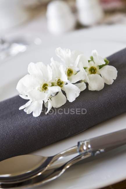 Closeup view of place setting with a grey napkin and fruit blossoms — Stock Photo