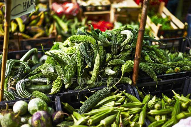 Calabazas amargas y vainas de okra en un mercado - foto de stock
