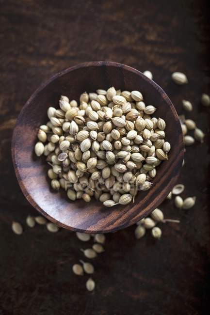 Coriander seeds in wooden bowl — Stock Photo