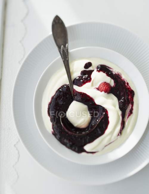 Mascarpone cream with berry sauce — Stock Photo