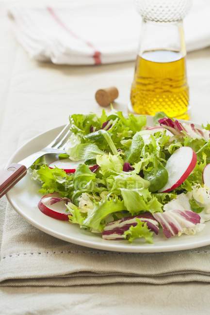 Свежий салат с редиской, салатом и водяным крессом на белой тарелке с вилкой — стоковое фото