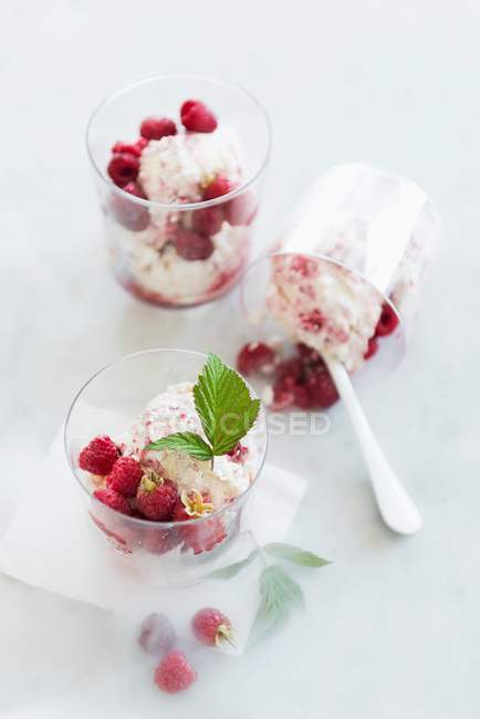 Meringue ice cream with raspberries — Stock Photo