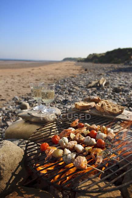 Daytime view of fish skewers on a barbecue rack on a beach — Stock Photo
