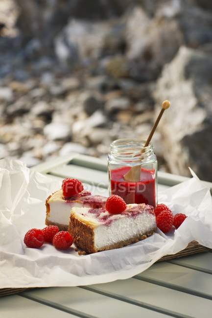 Raspberry cheesecake on paper — Stock Photo