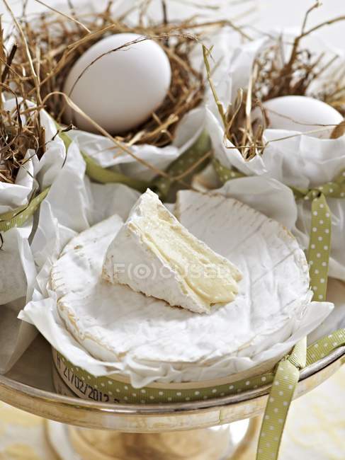 Camembert and eggs in nest — Stock Photo