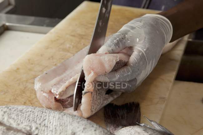 Homem filetagem de pescada fresca — Fotografia de Stock