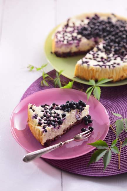 Cheesecake with blueberries on plates — Stock Photo