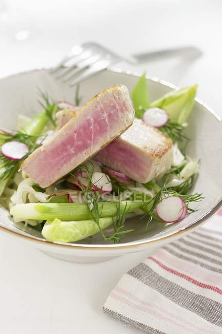 Стейк из тунца и салат — стоковое фото