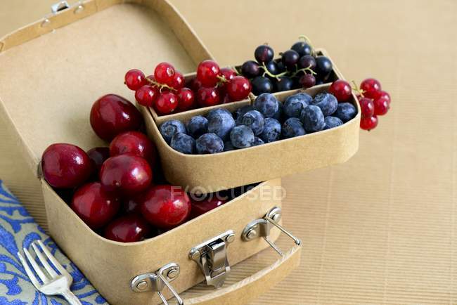 Cherries with blueberries in small suitcase — Stock Photo