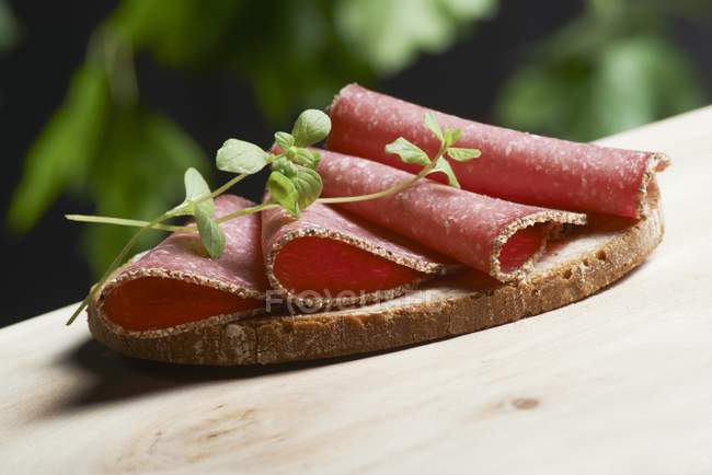 Rebanada de pan cubierto con salami de pimienta - foto de stock