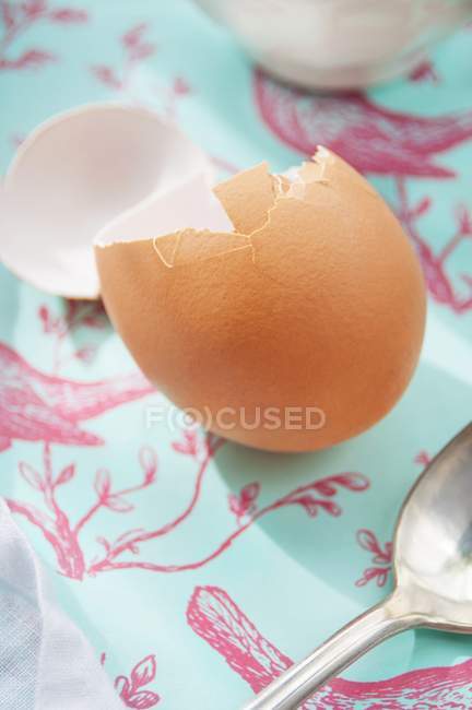Closeup view of broken brown egg shell with spoon — Stock Photo