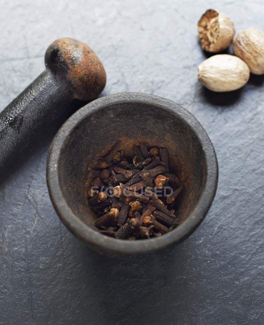 Closeup elevated view of cloves in a mortar with a pestle and nutmegs — Stock Photo