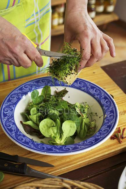 Nahaufnahme ausgeschnittene Ansicht einer Person, die Salat mit frischen Kräutern zubereitet — Stockfoto