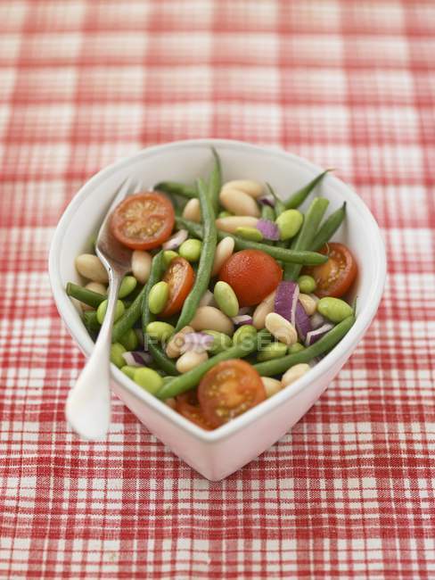 Salade de haricots, oignons et tomates dans un plat blanc — Photo de stock