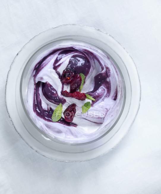 Blueberry yoghurt with leaves — Stock Photo