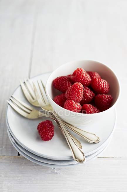 Bowl of fresh raspberries — Stock Photo