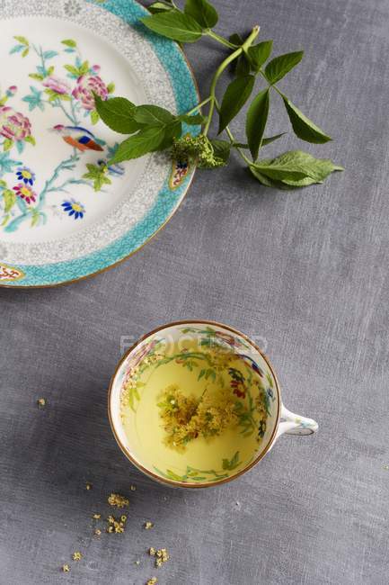 Té de flor de saúco en taza con dibujos florales - foto de stock