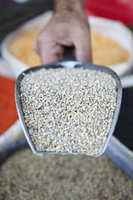 Vista de cerca de una mano sosteniendo una cucharada de trigo bulgur sobre un puesto de mercado - foto de stock