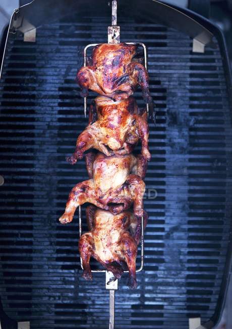 Barbecued chicken on spit — Stock Photo