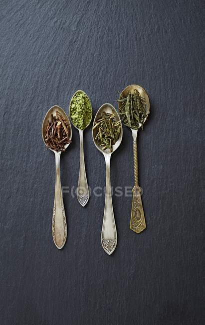 Vista superior de cuatro tipos de té verde en cucharas - foto de stock