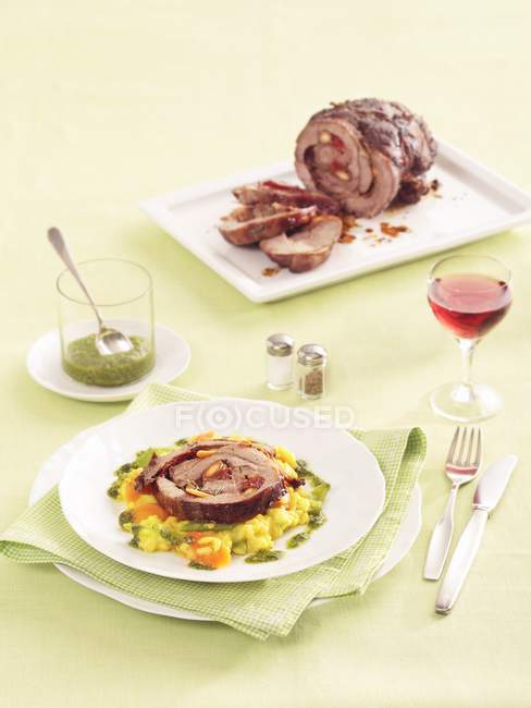 Lamb roulade with risotto rice — Stock Photo