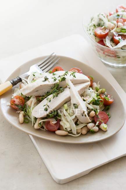 Куриная грудка с сосочком на овощном салате на белой тарелке с вилкой над столом — стоковое фото