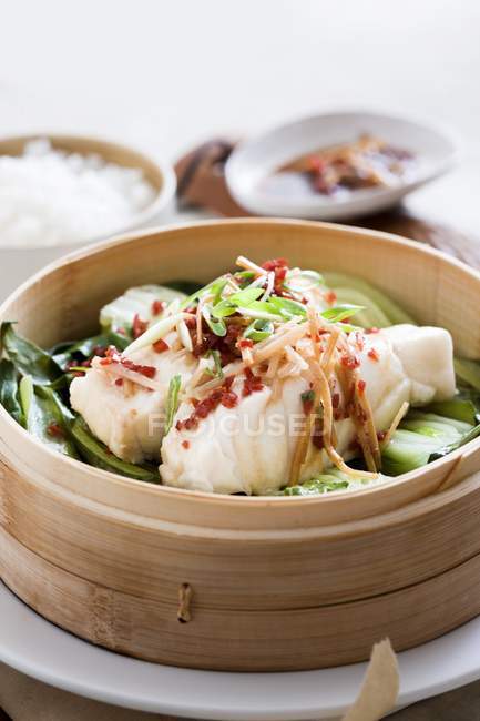 Steamed fish served with rice — Stock Photo