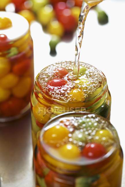 Tomaten werden in Gläsern auf weißem Hintergrund aufbewahrt — Stockfoto