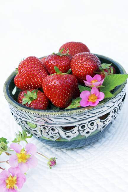 Fresas frescas con flores - foto de stock