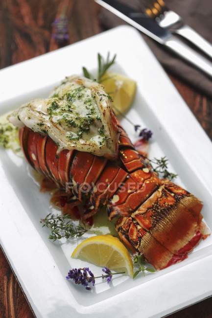 Closeup view of crayfish tail with herb sauce, lemon wedges and herbs — Stock Photo