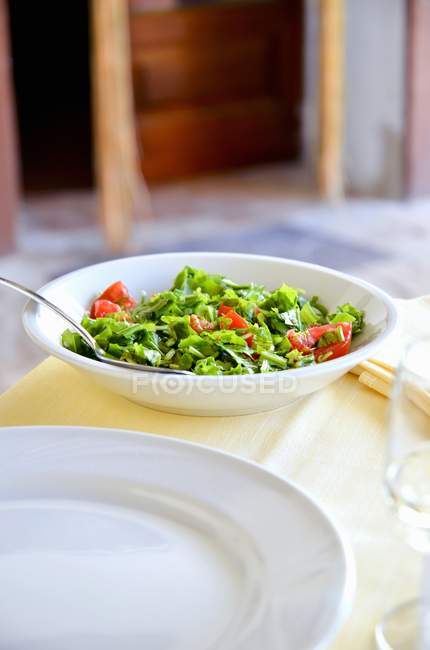 Chopped rocket and tomato salad on a table in a restaurant (Italy) — Stock Photo