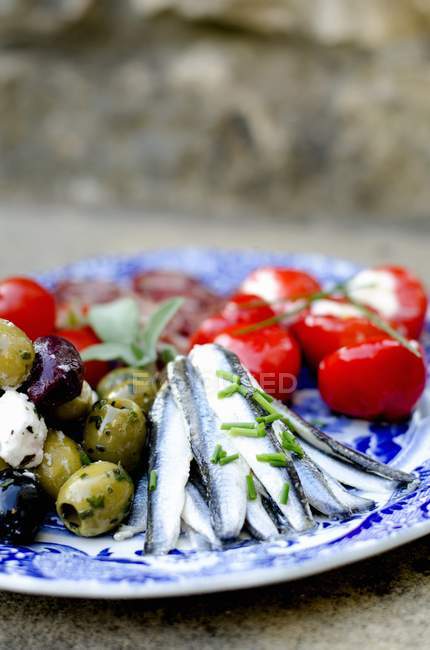 Plato de antipasti con anchoas marinadas - foto de stock