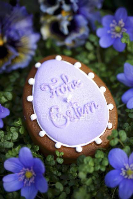 Vista de cerca de una vela en forma de huevo con las palabras Frohe Ostern rodeado de flores de hepáticas - foto de stock