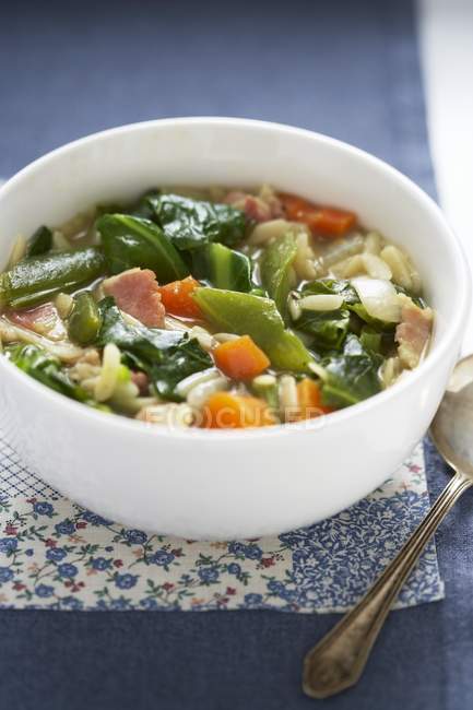 Sopa de legumes com macarrão orzo e bacon — Fotografia de Stock