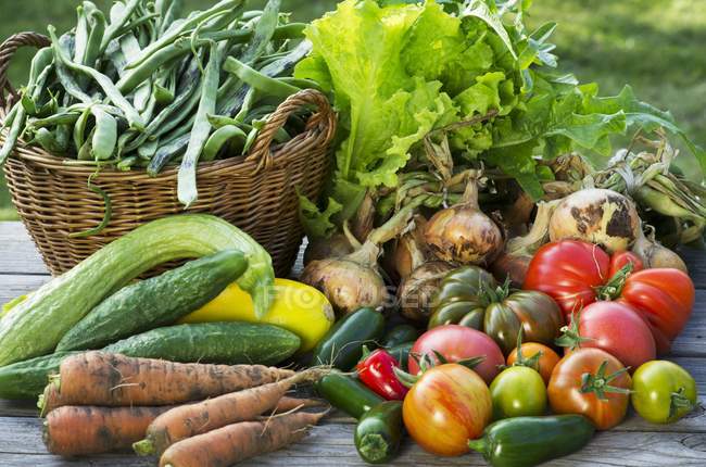 Una disposizione di raccolto di verdure di giardino su un tavolo di legno — Foto stock