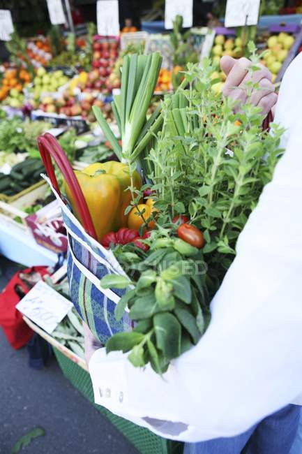 Свежие овощи и травы в сумке — стоковое фото