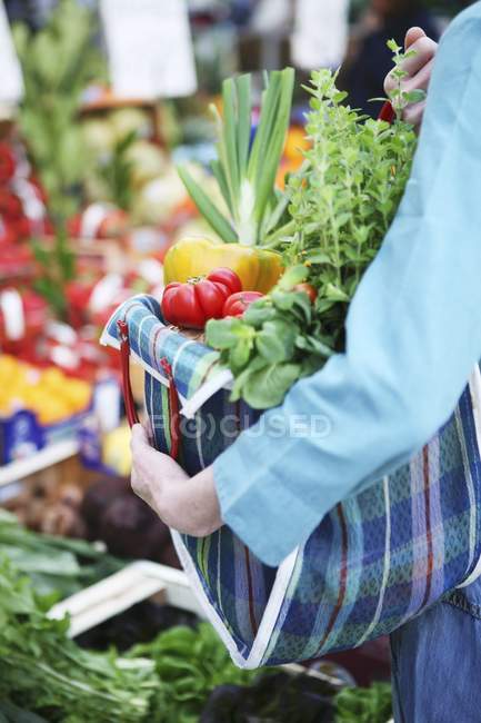 Свежие овощи и травы в сумке — стоковое фото