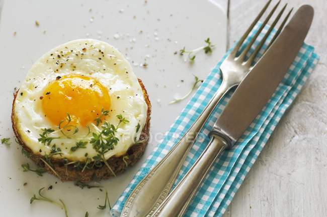 Fried egg on toast with cress — Stock Photo