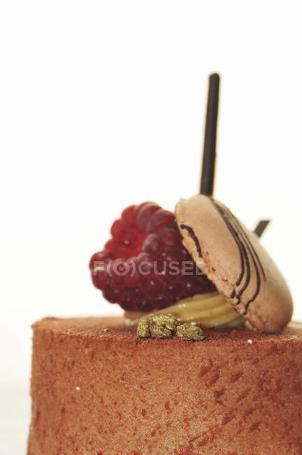 Cake topped with raspberry and macaroon — Stock Photo