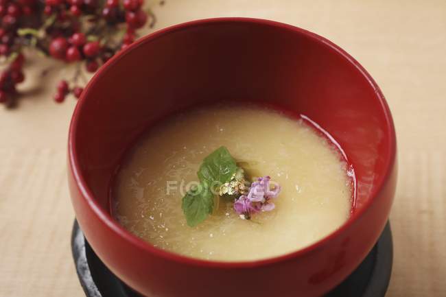Традиційний овочевий суп у червоній мисці на маленькій чорній тарілці — стокове фото