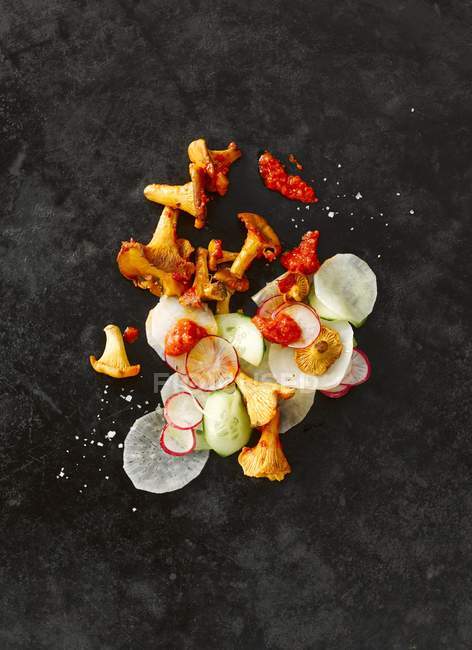 Chanterelle mushrooms with sliced radish and horseradish, cucumber and red pesto — Stock Photo