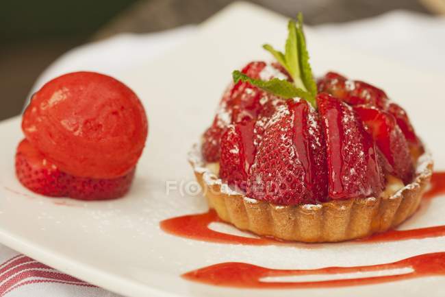 Strawberry tartlet and sorbet — Stock Photo