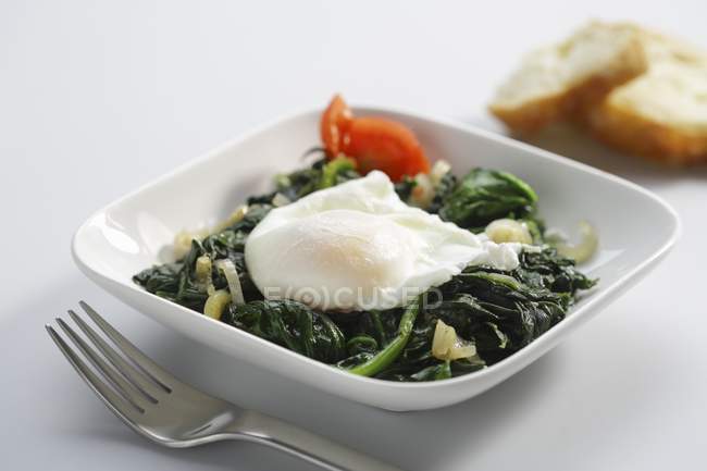 Poached egg on a bed of spinach — Stock Photo