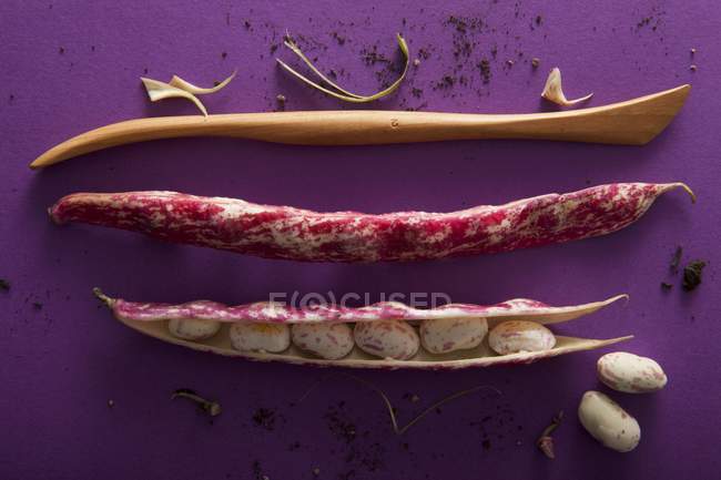 Borlotti beans and wooden spatula — Stock Photo