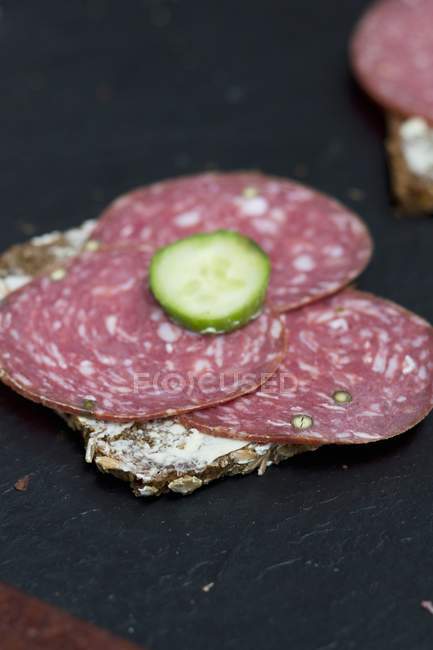 Slice of bread topped with salami — Stock Photo