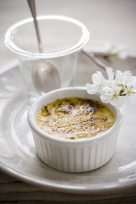 Closeup view of Creme brulee with vanilla and flowers — Stock Photo