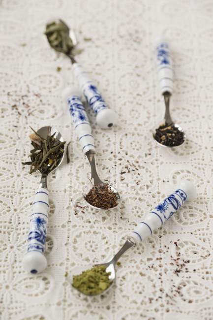 Closeup view of Matcha, Earl Grey, Rooibos, sage and jasmine tea leaves on spoons — Stock Photo